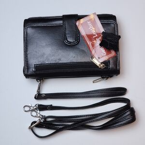 Black Leather Wallet with Adjustable Removable Strap Unisex
